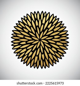 Gold floral hand drawn illustration. Colorful round shape made of golden petals, black outline. Glittering flower mandala, radial pattern, circle frame template, text background, mosaic decoration.