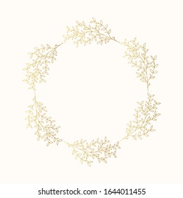 Gold floral herb frame. Golden rustic wreath for wedding. Vector isolated spring flourish branch border.