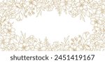 Gold floral line art frame. Luxury background with a bouquet of flowers, branches, leaves. Vector illustration with elegant vintage botanical decorative elements