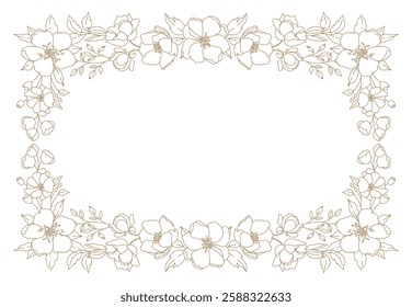 Gold floral line art frame. Luxury background with a bouquet of flowers, branches, leaves. Vector illustration with elegant vintage botanical decorative elements