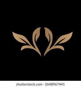A gold floral logo or ornament with a symmetrical leaf pattern on a black background