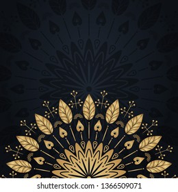 Gold floral mandala luxury illustration on black background with golden leaves. Vector template banner