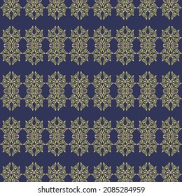 gold floral monochrome ornament on a blue background. decorative stripes. seamless pattern. interior design. cover, template, print.