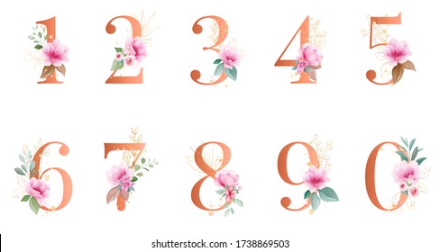 Gold floral number. Digits 1, 2, 3, 4, 5, 6, 7, 8, 9, 0 with botanic & glitter decoration. Flowers composition for wedding invites design concept and multi-purpose