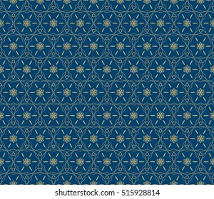 gold floral on sacred geometry pattern. vector illustration. for design invitation, wallpaper, fabric. blue background