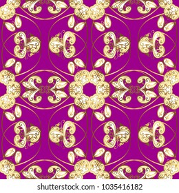 Gold floral ornament in baroque style. Damask seamless repeating pattern. Golden element on purple, beige and brown colors. Antique golden repeatable wallpaper.