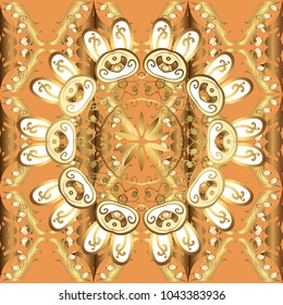 Gold floral ornament in baroque style. Damask seamless repeating background. Golden element on orange, brown and yellow colors. Gold Wallpaper on texture background.