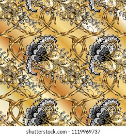 Gold floral ornament in baroque style. Golden element on beige, yellow and black colors. Gold Wallpaper on texture background. Damask ornamental repeating background.