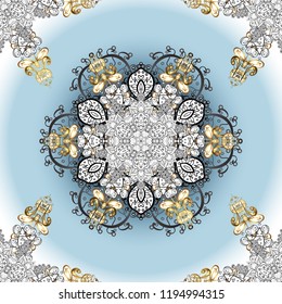 Gold floral ornament in baroque style. Antique golden repeatable wallpaper. Damask ornamental repeating pattern. Golden element on neutral, white and blue colors.