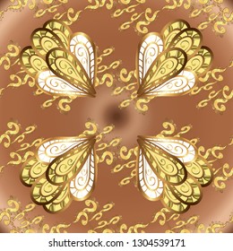 Gold floral ornament in baroque style. Damask seamless repeating pattern. Golden element on brown and beige colors. Antique golden repeatable wallpaper.
