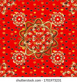 Gold floral ornament in baroque style. Golden element on red and brown colors. Gold Wallpaper on texture background. Damask seamless repeating background.