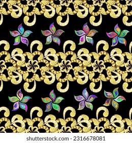 Gold floral ornament in baroque style. Damask seamless repeating background. Gold Wallpaper on texture background. Golden element on brown, yellow and black colors.