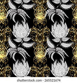 Gold floral ornament in baroque style. Damask seamless pattern repeating background. Gold Wallpaper on texture background. Golden element on black colors.