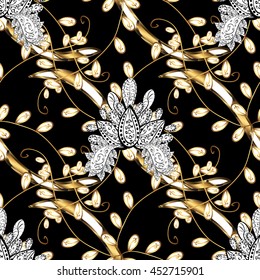 Gold floral ornament in baroque style. Golden element on colors. Antique golden repeatable wallpaper. Damask seamless pattern repeating background.