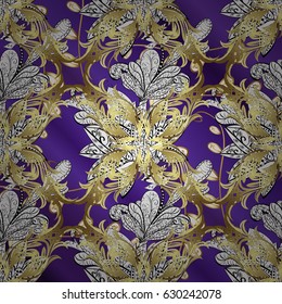 Gold floral ornament in baroque style. Golden element on plum background. Gold Wallpaper on texture background. Damask seamless pattern repeating background.