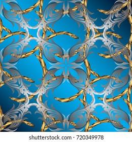 Gold floral ornament in baroque style. Damask repeating pattern. Golden element on blue background. Antique golden repeatable wallpaper.