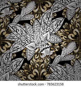 Gold floral ornament in baroque style. Antique golden repeatable wallpaper. Damask seamless pattern repeating background. Golden element on colors.