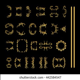 Gold floral ornament elements collection isolated on white. Ornate frames.