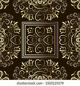 Gold floral Paisley vector seamless pattern. Ornamental ethnic style background with square frames, lines, stripes, love hearts, dots, circles. Doodle hand drawn golden paisley flowers ornament.