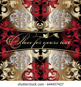 Gold floral pattern. Love hearts background. Baroque  pattern ornaments with ornamental 3d love hearts. Vector  endless 3d texture. Template for invitation and greeting cards design. Place for text