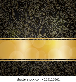 Gold floral pattern on black background with golden ribbon and place for your text. EPS10 transparency and blend mode used