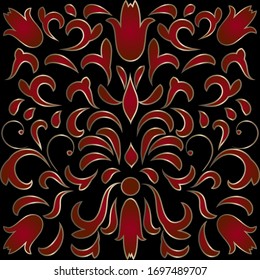 Goldenes Blumenmuster auf schwarzem Hintergrund, Damast nahtlose Tapete . Ornament, Vektorillustration