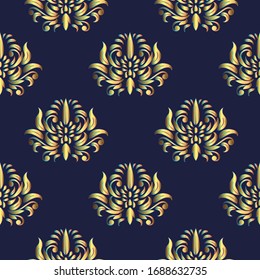 Gold floral  pattern on a dark blue background, damask seamless wallpaper . Golden ornament