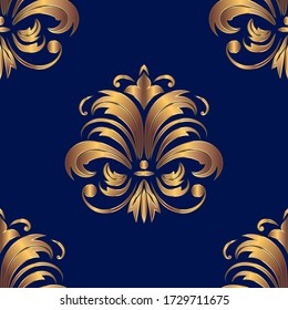 Patrón dorado floral sobre un fondo azul oscuro, papel de pared sin costura de damasco.  Ilustración del vector