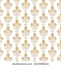 Gold floral pattern repeating arrangement on white background perfect for textile design projects