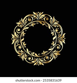 Gold floral round frame on black background. Vector design element for greeting card, wedding invitation, save the date card.