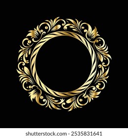 Gold floral round frame on black background. Vector design element for greeting card, wedding invitation, save the date card.