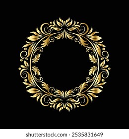Gold floral round frame on black background. Vector design element for greeting card, wedding invitation, save the date card.