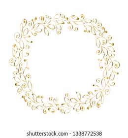 Gold floral round frame. Vector illustration with flowers and leaves. Design for invitation, wedding, certificate. Isolated on white.