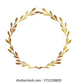 Gold Floral Round Frame. Vector Isolated Wreath. Round Boarder With Leaves. Branch Circle Frame For Monogram. 