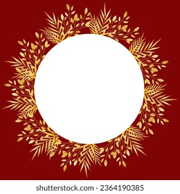 Gold floral round frame. Vector. Isolated on red background, white frame for your text, invitation. Luxury design leafs
