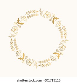 Gold floral round frame. Vector. Isolated.