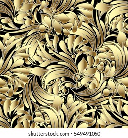 Gold  floral seamless pattern background wallpaper illustration with vintage decorative hand drawn 3d flowers leaves and paisley ornaments.Ornate modern rich decor with shadows and highlights