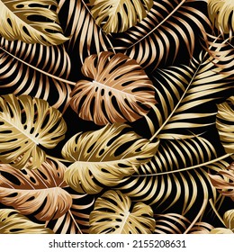 Gold floral seamless pattern with leaves. tropical background	
