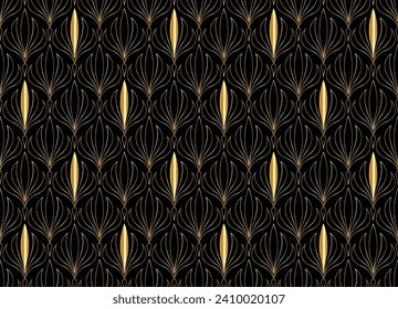 Gold Floral seamless pattern. Luxury retro stylish geometric background with Art Nouveau tiles. Vector geometric decorative leaves texture isolated on black background abstract golden art deco style