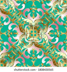 Gold floral seamless pattern. Ornamental green background. Repeat ornate backdrop. Baroque old style ornaments. Vintage flowers, leaves. Surface texture. Ornate decorative design. Wallpaper, card.