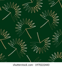 Gold floral seamless pattern Vector illustration Bright shiny outline palm leaves on deep green background