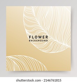 Gold floral square abstract background. Banner with leaves in line art style. Trendy minimal vector template suitable for social media post, greeting card, mobile app,  online advertising, invitation