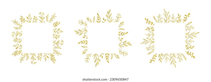 Gold floral square border set. Vector golden floral leaf wreath border. Wedding square frame design. Hand drawn rustic flourish elegant rectangle frame. Vector illustration