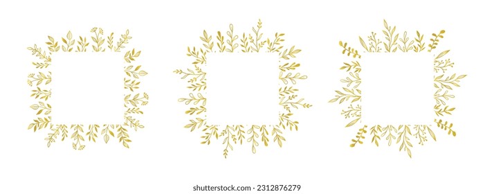 Borde cuadrado floral de oro. Borde de vectores dorado de hojas florales. Diseño de marco cuadrado de casamiento. Rústico dibujado a mano florece con un elegante marco rectangular. Ilustración del vector