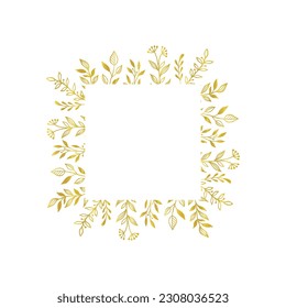 Gold floral square border. Vector golden floral leaf wreath border. Wedding square frame design. Hand drawn rustic flourish elegant rectangle frame. Vector illustration