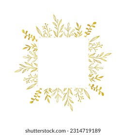 Goldener Blumenrahmen. Vektor goldgelben Blumenblattrand. Hochzeitsquadrat-Rahmendesign. Handgezeichnete rustikale, elegante Rechteckrahmen. Vektorgrafik