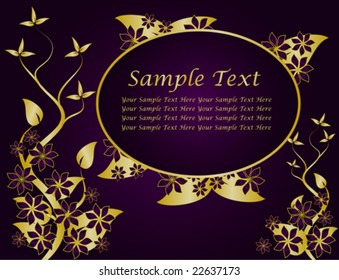 A gold floral vector design with room for text on a rich deep purple background