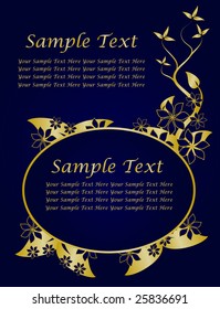 A gold floral vector design with room for text on a royal blue and black background