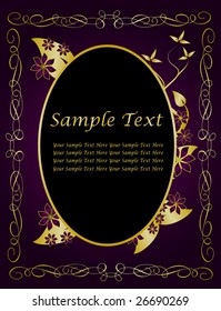 A gold floral vector design with room for text on a rich deep purple background