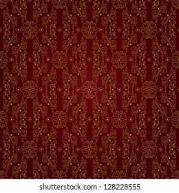 Gold floral vintage seamless pattern on a red background. Vector background
